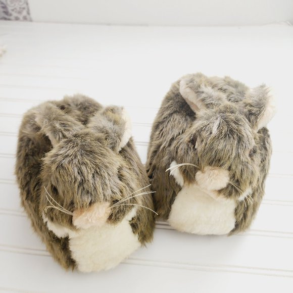 Novelty Plush Slippers Rabbit/ Bunny Faux Fur Brown and Tan Size M (7-8) - Picture 2 of 13